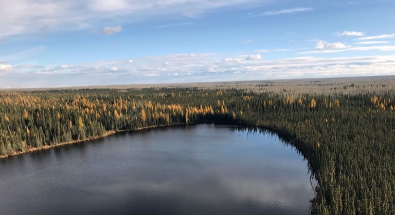 Photo from the air over a lake in the middle of the forest